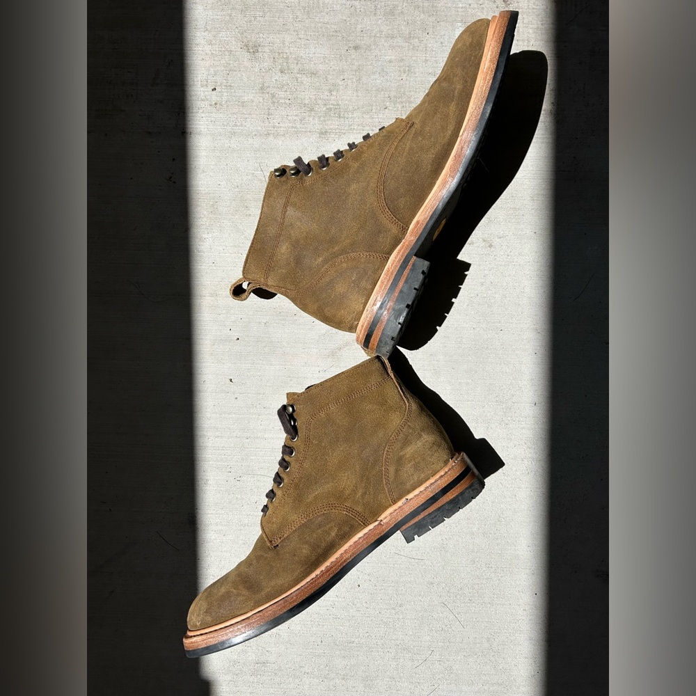 Taylor Stitch Trench Boot in Golden Brown Waxed Suede, Size 9.5.